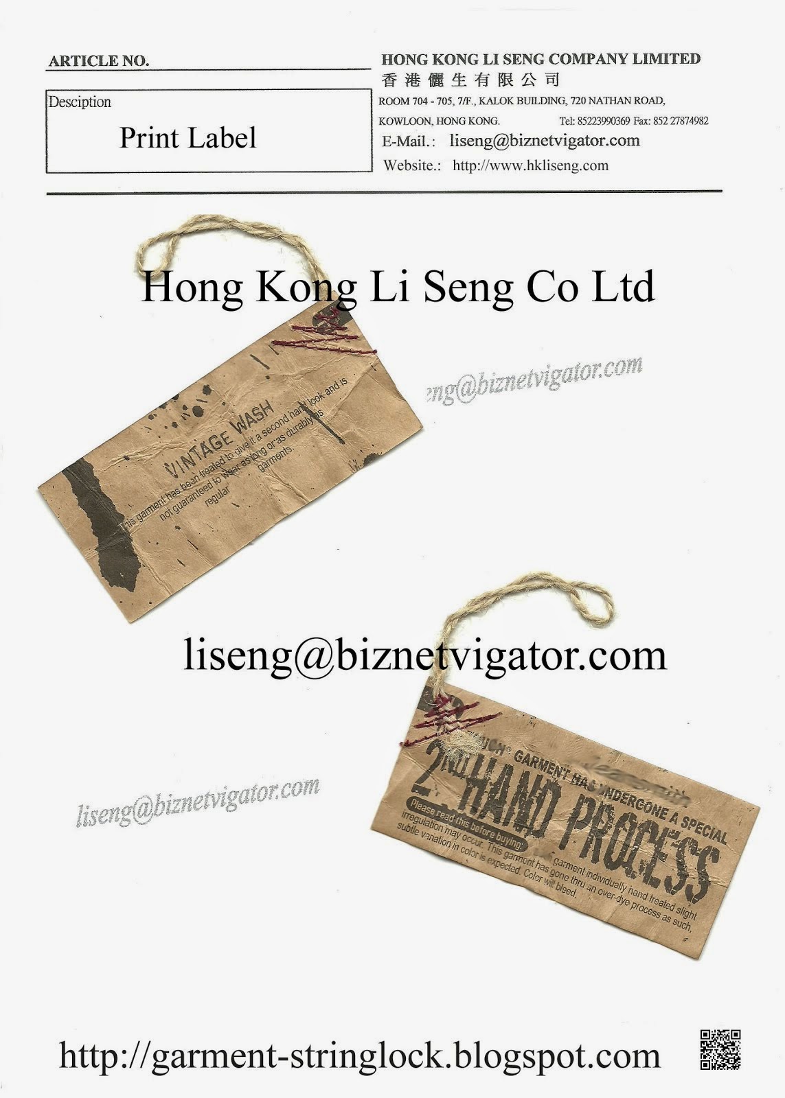 Garment Hemp Rope string lock With Paper Label Manufacturer - Hong Kong Li Seng Co Ltd