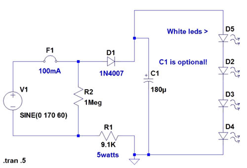 120 Volt 4 LED Light Circuit - Electronic Circuit