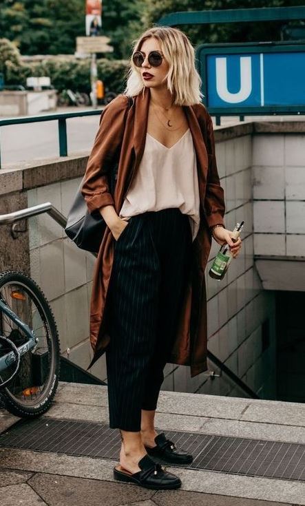 casual outfit idea / bag + cardigan + silk top + loafers + striped pants