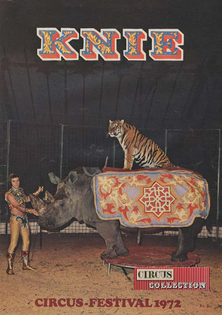 Illustriert Circus-Zeitung  circus festival 1972, Fredy Knie junior et le tigre sur le rhinoceros Zeila