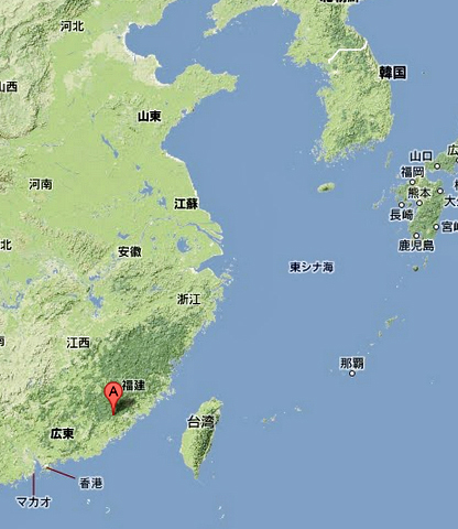 Red point shows Fujian Tulou. It is in Fujian of southeastern China.