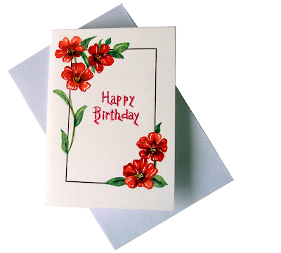 happy,birthday,greetingcard, painted,redflowers,whitebackground