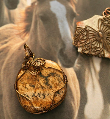My cabochon creations: wrapped in antique bronze wire and Vintaj filigree butterfly :: All Pretty Things
