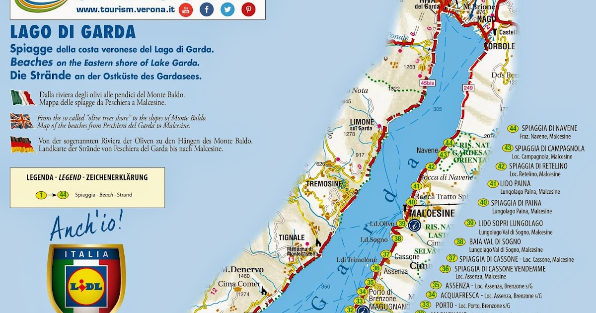 Lago di Garda Mappa delle spiagge da Peschiera a Malcesine Lago di Garda Mappa delle spiagge da Peschiera a Malcesine