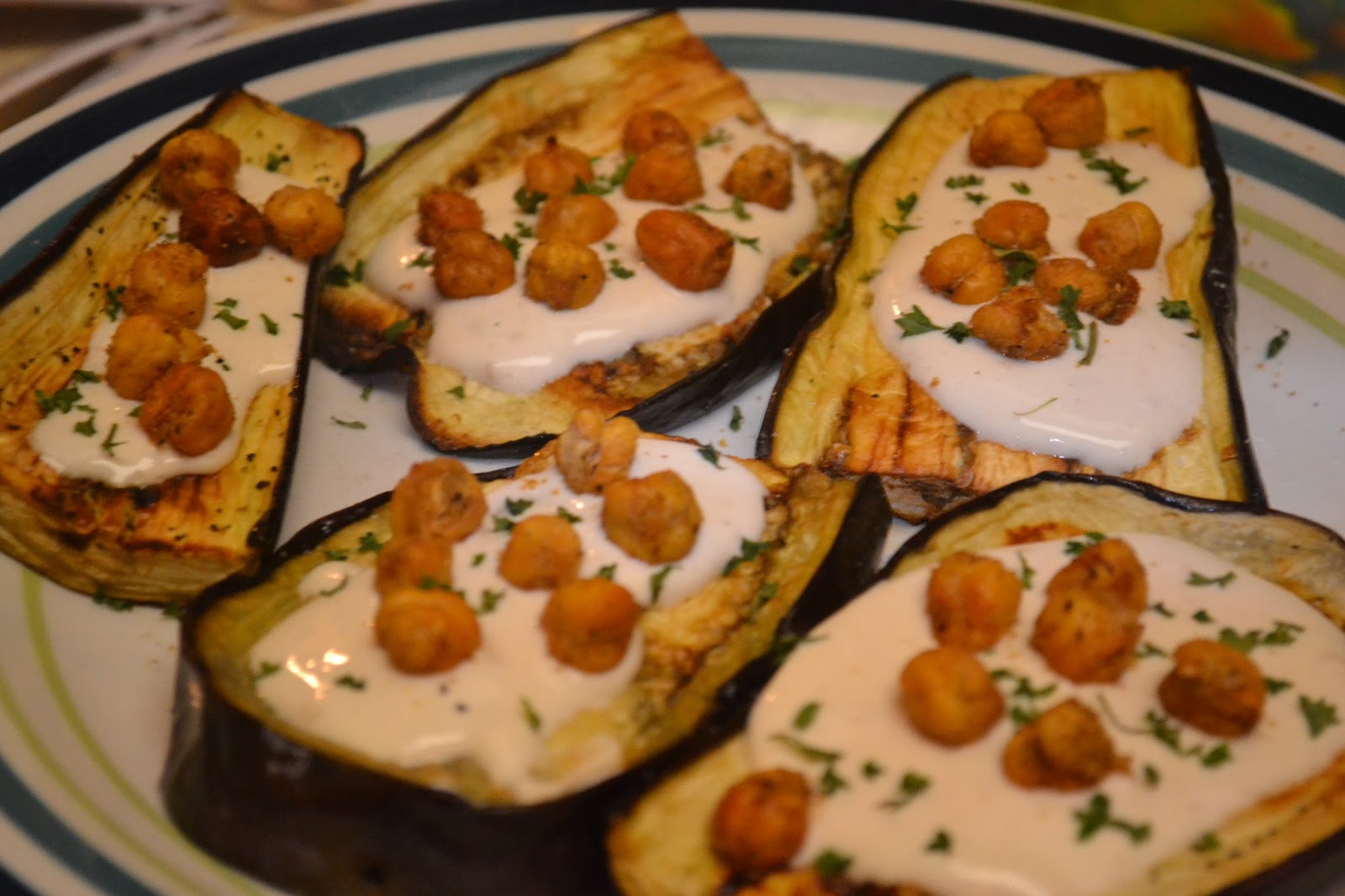 Gourmet, My Way Roasted Eggplant with Tahini Yogurt Sauce and Crispy