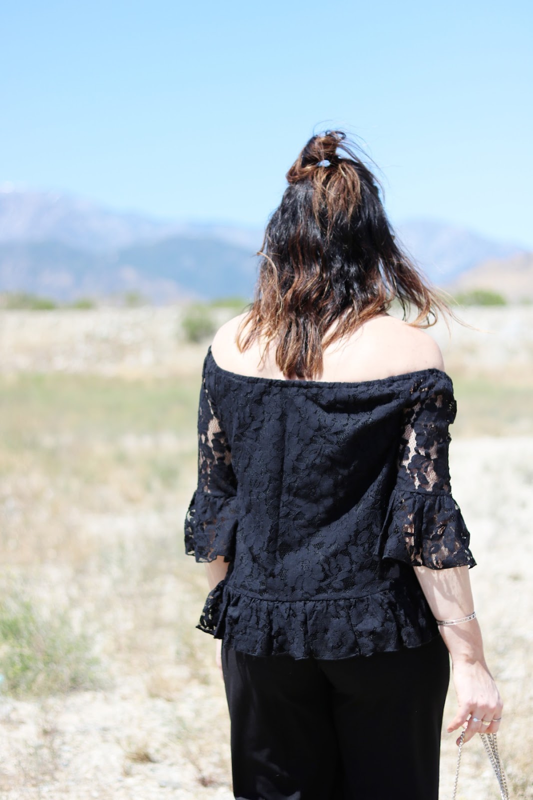 Le Chateau lace off the shoulder top vancouver blogger outfit palm springs Dior Promenade bag