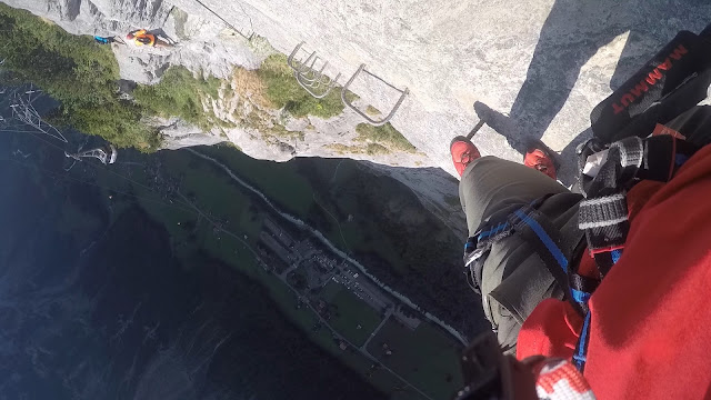 Via Ferrata 2000ft above Lauterbrunnen Valley, Swiss Alps! 18 Via Ferrata, Klettersteig, Hike, Climbing, Scrambling, mountaineer, mountain, extreme, adrenaline, adventure, Explore, Murren, Gimmelwald, Lauterbrunnen, Interlaken, Switzerland, Bern, Swiss Alps, Bernese Alps, Alpine, hanging, Nepalese Bridge, tyrolean, cliff, BASE, ladders,