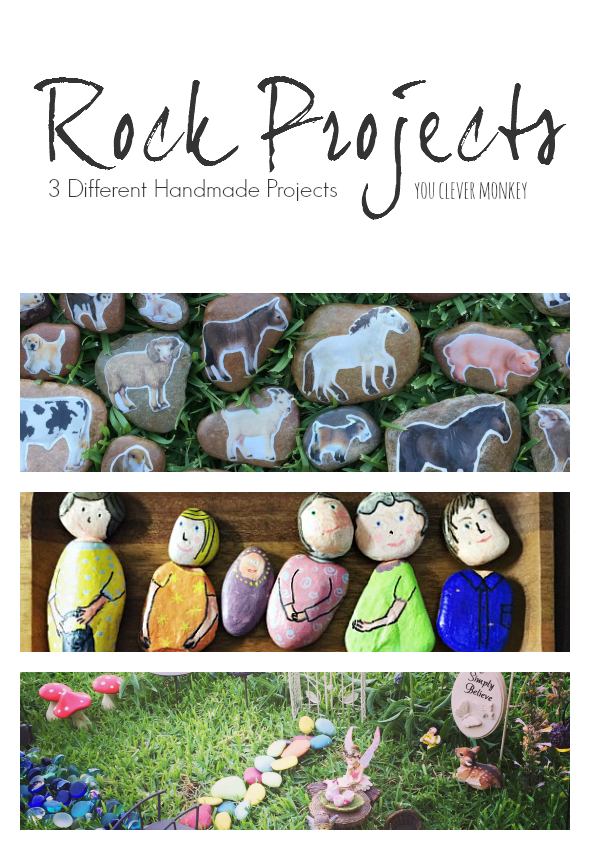 Three different handmade rock projects - perfect for play!  Find out how to make your own farm-themed story stones, mix and match people and fairy stones and why allowing our children to play with these things is important for their development | you clever monkey