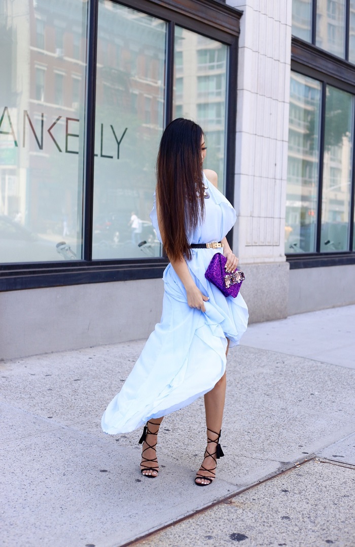 Gedebe mini v clutch, sephora monochrome menicure, she in blue ruffle high low dress, asos lace up sandals, fashion blog, baublebar statement necklace, style blog, street style, date night outfit, romantic, nyc, night out outfit