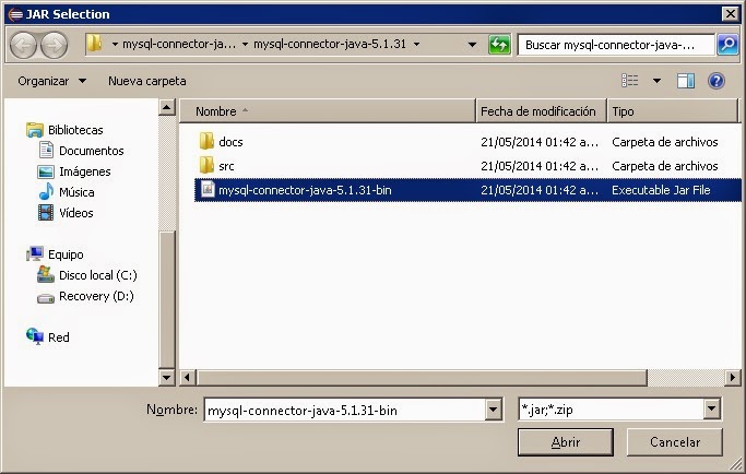 Selección del conector MySQL