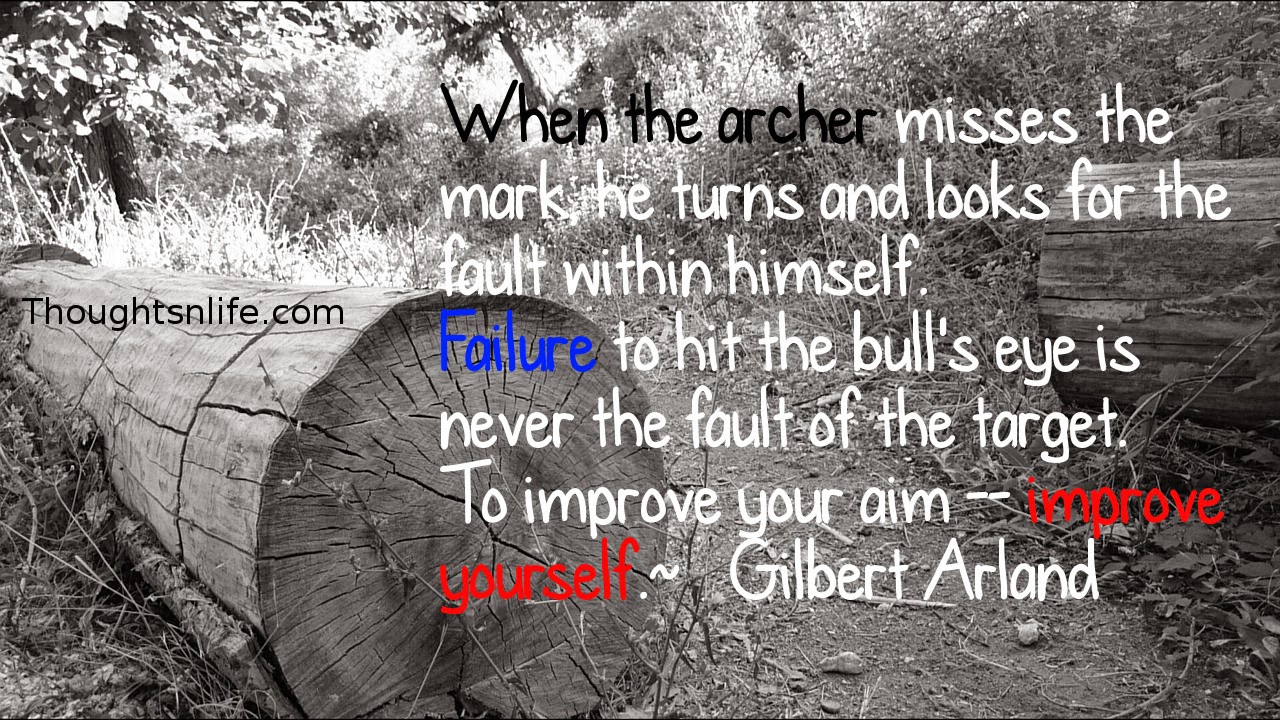 Thoughtsnlife.com: When the archer misses the mark,  he turns and looks for the fault within himself.  Failure to hit the bull's eye is never the fault of the target.  To improve your aim -- improve yourself.  ~   Gilbert Arland