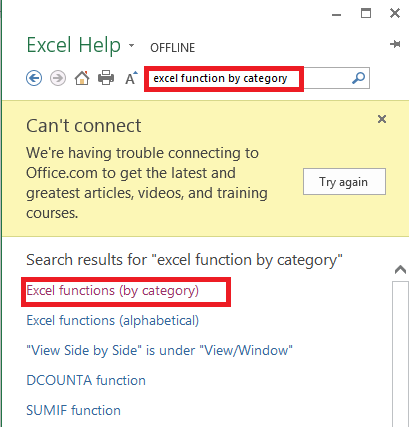 MS-Excel function search results