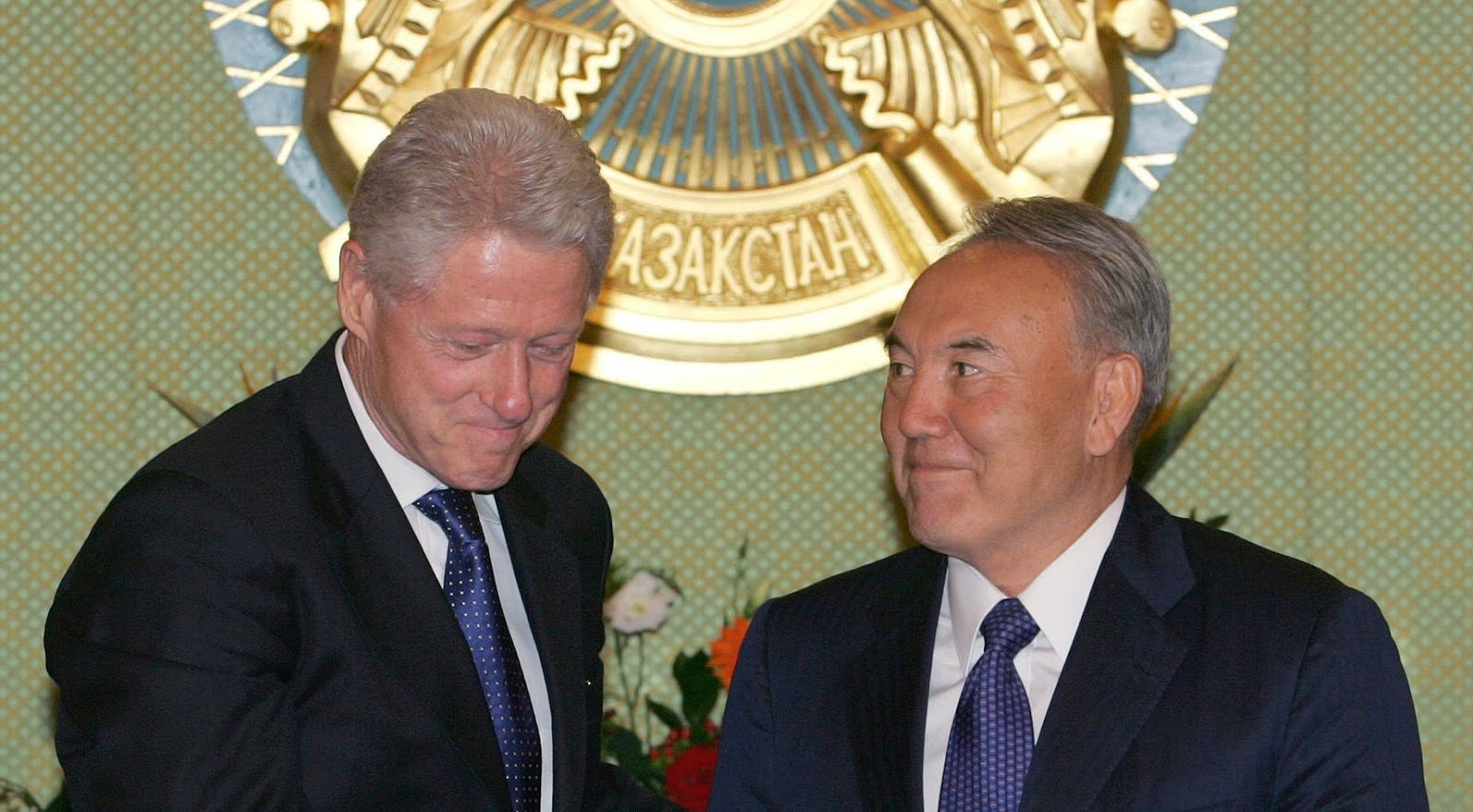 Sep. 06, 2005, Bill Clinton, Kazakhstan strongman Nursultan A. Nazarbayev cutting Urasia uranium mining deal for Clinton friend, Canadian Frank Giustra, in one day.