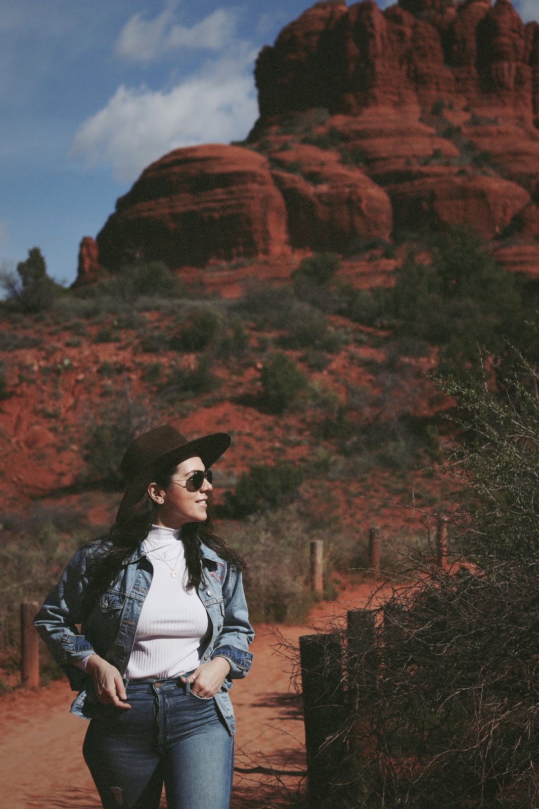 denim on denim outfit brunette the label jacket lack of color rancher hat mother jeans Sedona Arizona travel diary bell rock