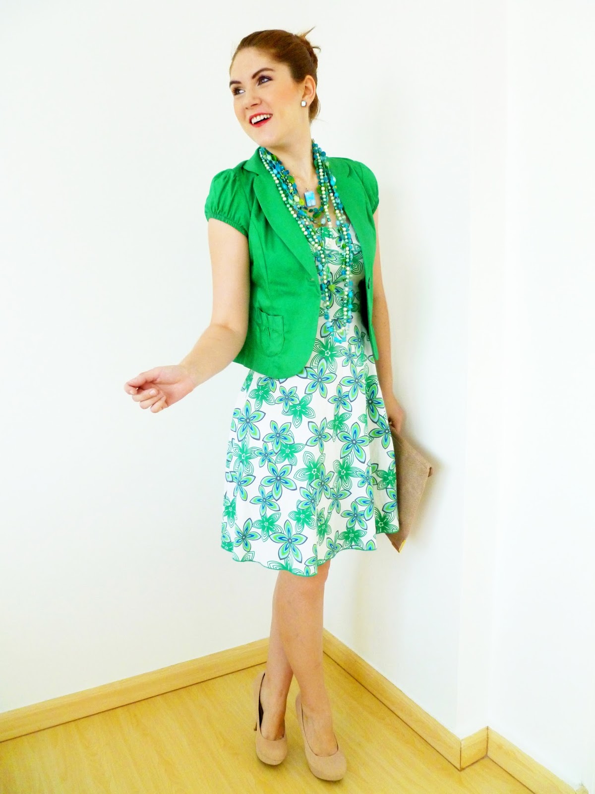 spring outfit, spring fashion, spring style, floral dress, asos clutch, green blazer, green blazer outfit