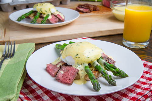 Steak and Eggs Benedict with Asparagus in Bearnaise Sauce Steak and Eggs Benedict with Asparagus in Bearnaise Sauce