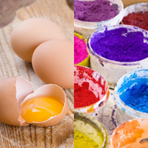 краски на яичном желтке. темпера на яичном желтке. эмульсия яичного желтка. краска для яиц разноцветные. краситель в желтках яиц.