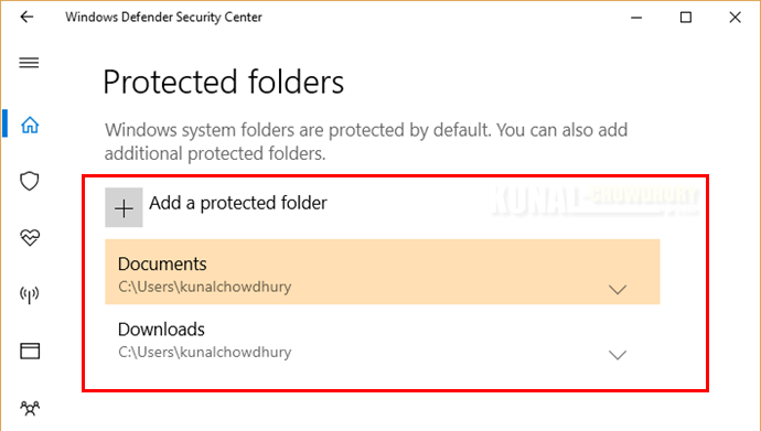 Protected Folders settings in Windows Defender (www.kunal-chowdhury.com)