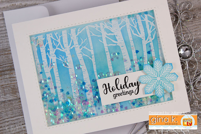Winter Birch Trees Holiday Shaker Card with Embossing and Distress Ink by Juliana Michaels. Stamp set is Warmer With You by Gina K Designs for Simon Says Stamp Stamptember.