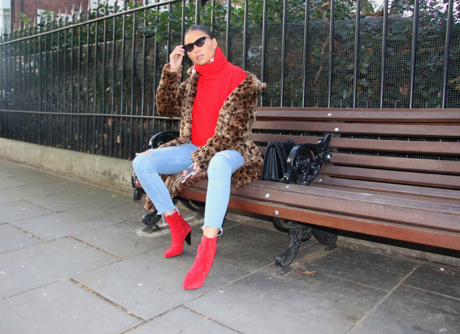 red boots, newlook, lolashoetique, denim, leopard print coat