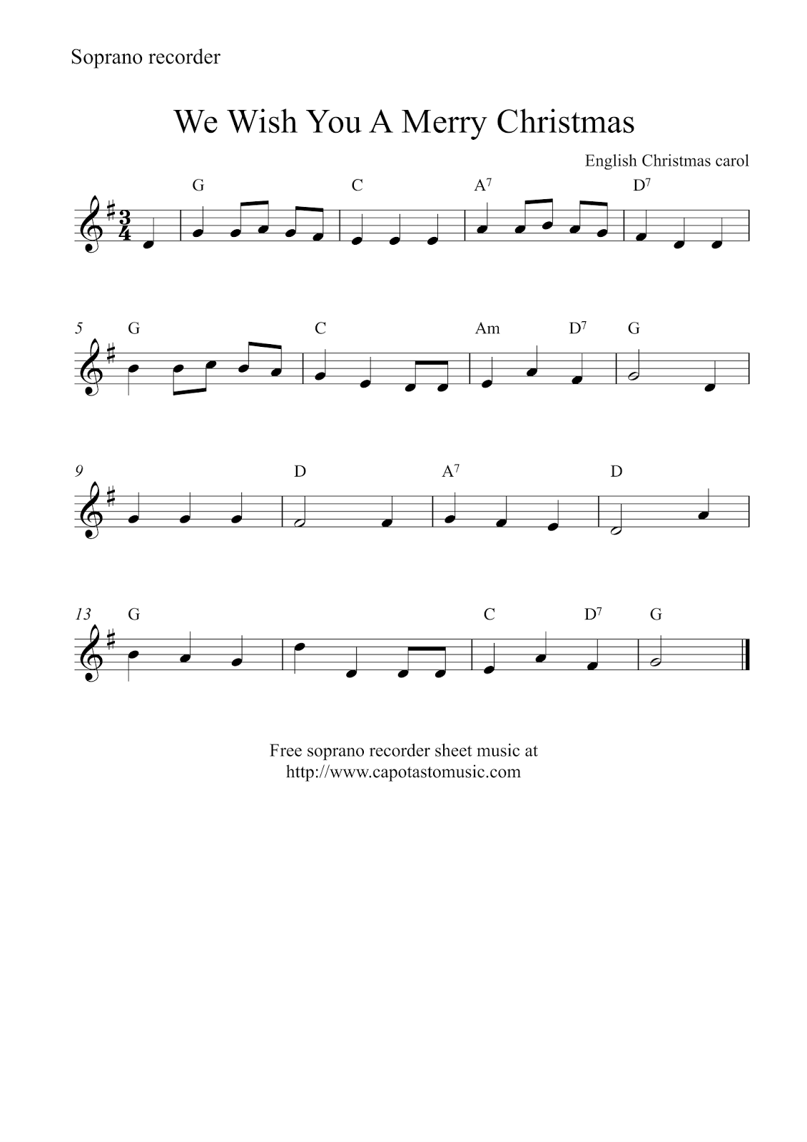 Christmas tree recorder notes sheet soprano We Wish You A Merry Christmas - Free easy Christmas soprano recorder sheet music