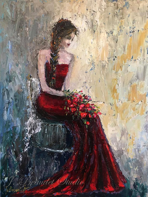 Jennifer Beaudet oil painting woman sitting in red dress