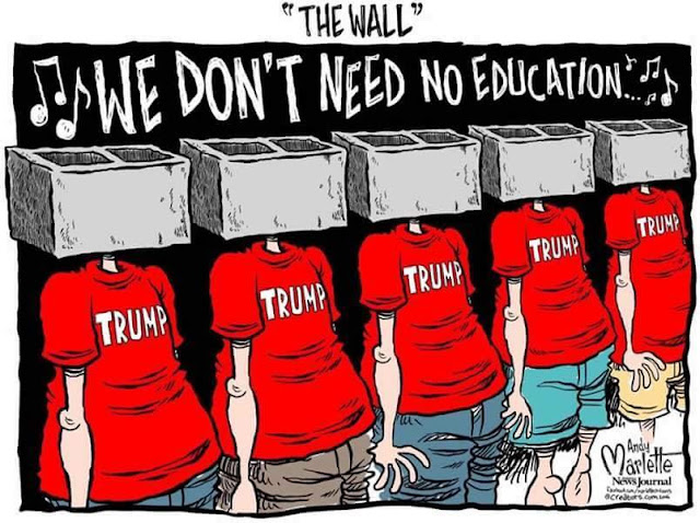 Title:  The Wall.  Image:  Row of fellows in Trump shirts with cinderblocks for heads chanting, 