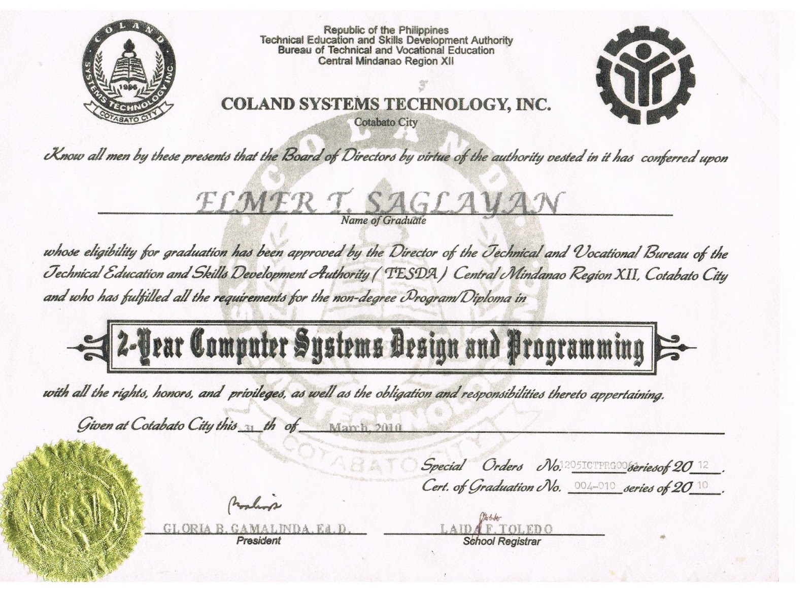Elmer Saglayan my DIPLOMA, short course certificate ,nso...