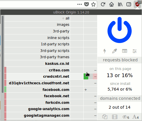 Jendela pengaturan uBlock ketika blocking iklan