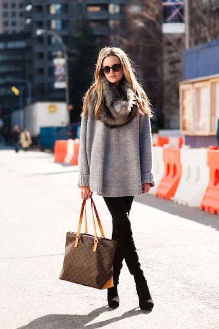 Black skinny pants, grey sweater and fur scarf | Luvtolook | Virtual