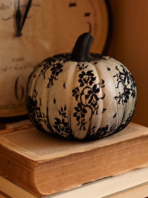 pumpkin covered in patterned hosiery