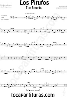 Partitura de Trombón, Tuba y Bombardino en Clave de Fa de Los Pitufos The Smurfs Trombone Tube and Euphonium sheet music (scores). Para tocar con la música original