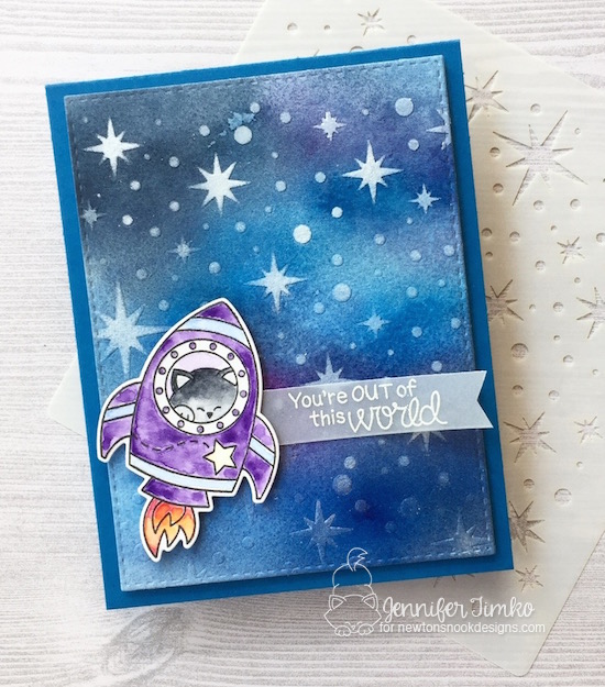 Cat in Space Rocket Card by Jennifer Timko | Cosmic Newton Stamp Set and Starfield Stencil by Newton's Nook Designs #newtonsnook