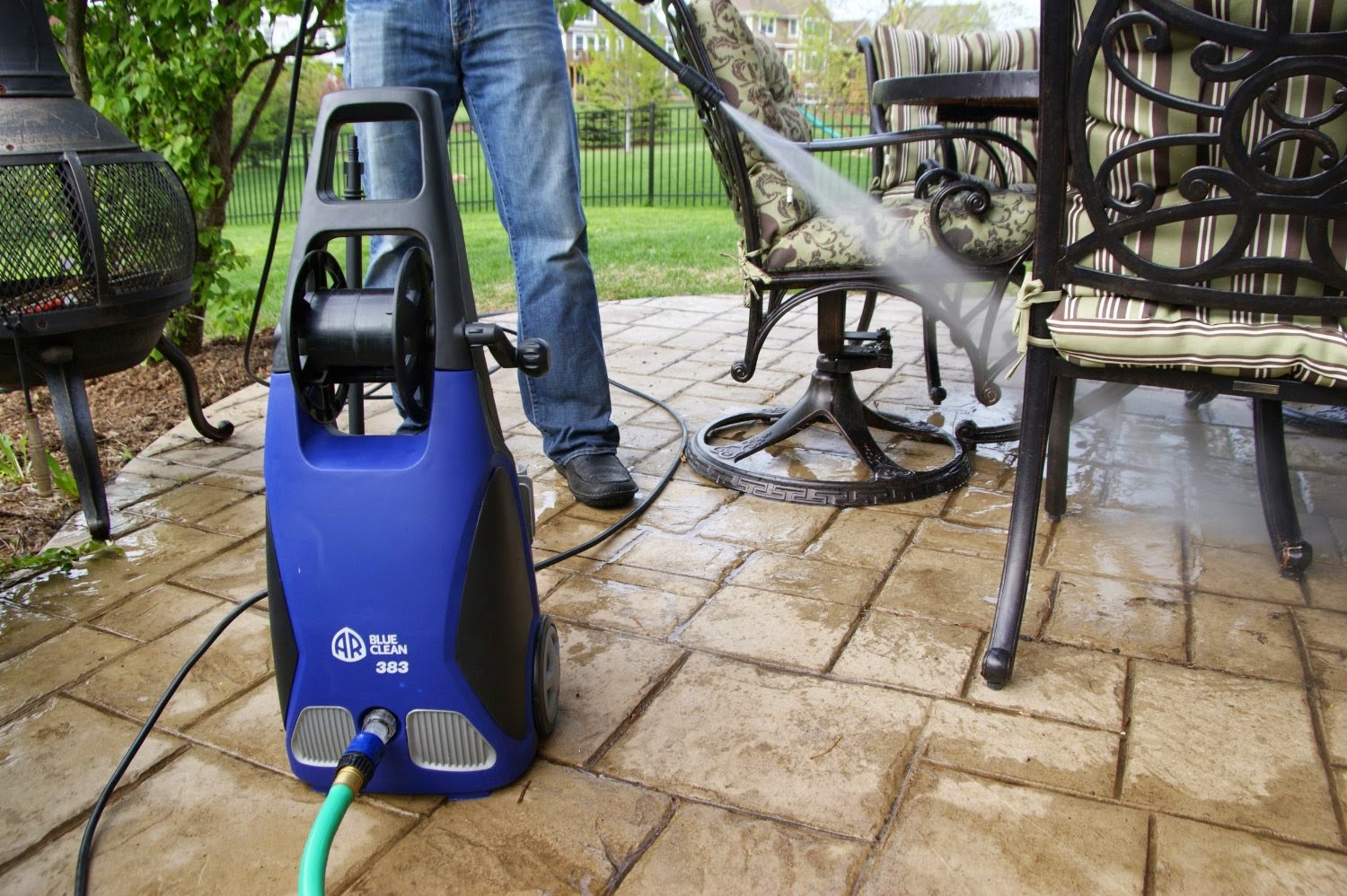 AR Blue Clean Pressure Washer cleans patios, decks, paths, driveways, house sidings & cars