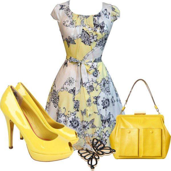printed Dress, Yellow Bag, Yellow shoes.... For Ladies trends4everyone