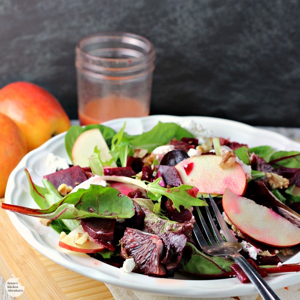 Blood Orange, Beet, and Apple Salad with Goat Cheese and Citrus Honey Vinaigrette | by Renee's Kitchen Adventures - easy meatless salad recipe with a recipe for homemade dressing made with citrus and honey #SundaySupper #RKArecipes 
