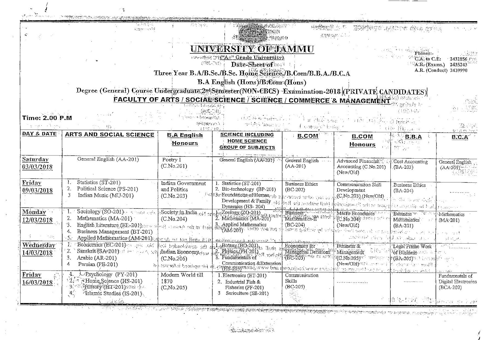 DateSheet of Three Year B.A. / B.Sc. / B.Sc. Home Science / / B