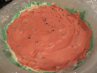 This Bombe is made with 3 different ice creams, some food coloring and chocolate chips and is colored like a watermelon. Life-in-the-Lofthouse.com