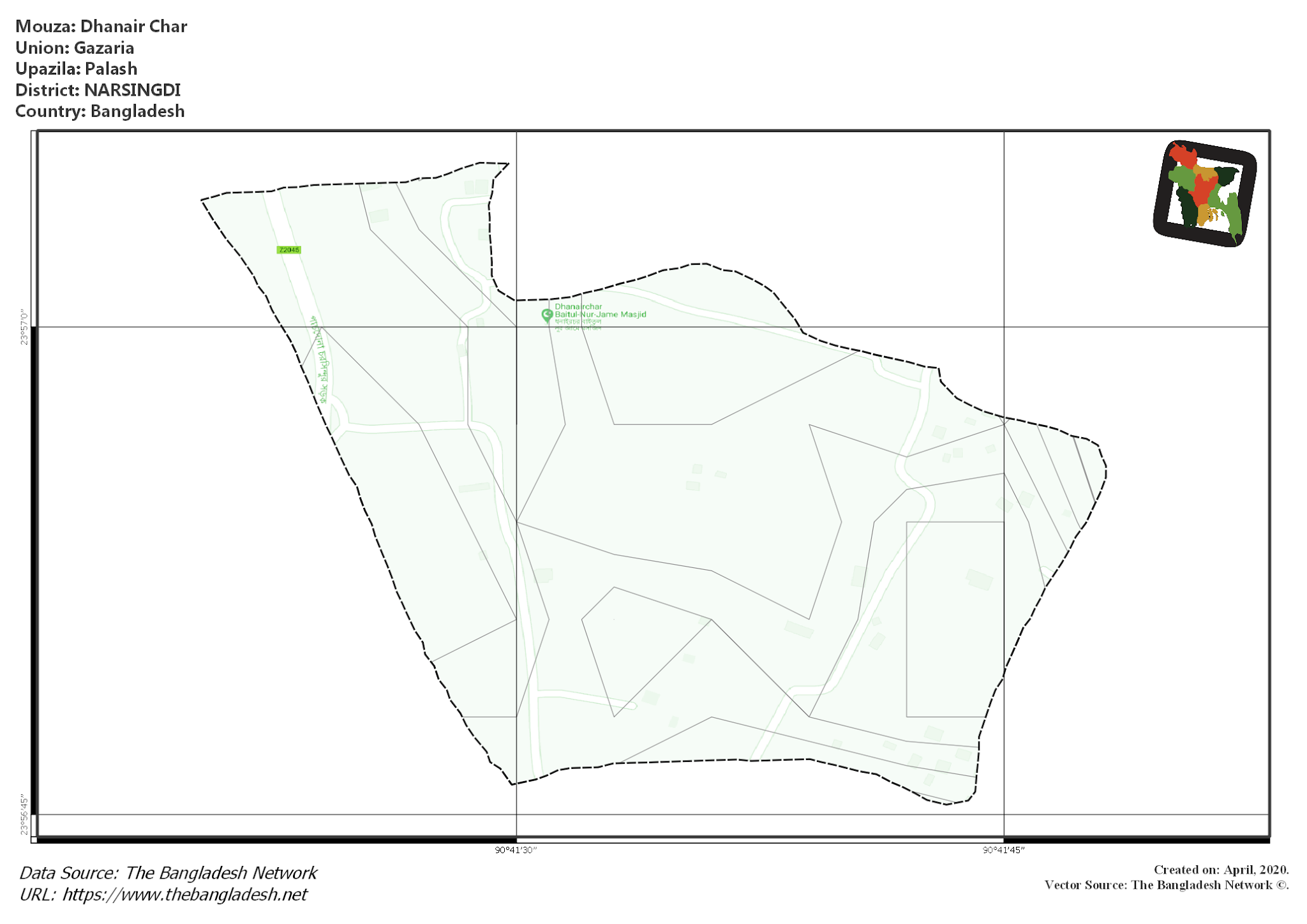 Map of Dhanair Char Mouza of Palash Upazila, NARSINGDI, Bangladesh.
