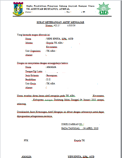 Contoh Surat Keterangan Aktif Mengajar Paud