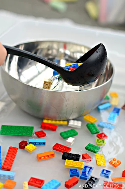 Working on fine motor skills with LEGO sensory soup - simple water sensory play for kids from And Next Comes L