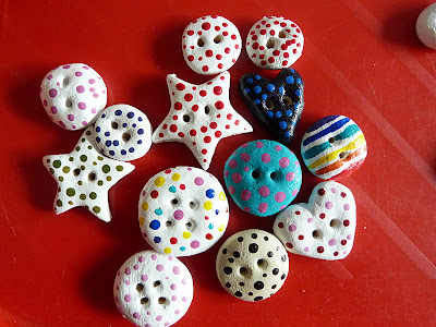 How to make salt dough buttons, painting and adding polka dots and stripes to handmade salt dough buttons