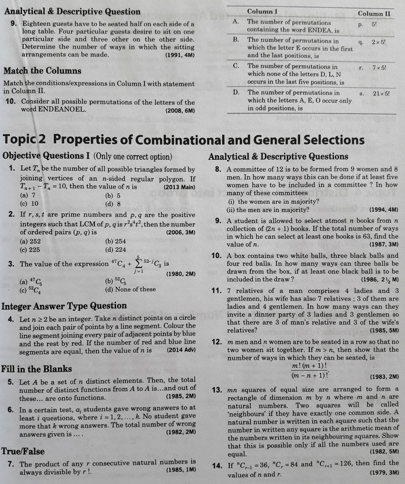 Permutation and Combination JEE Advanced 38 Year Previous Year