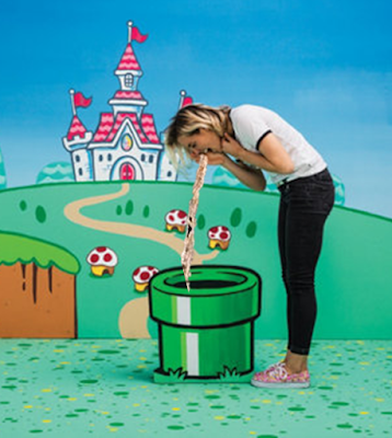 Vomit into warp-pipe Woman girl vomits barfs projectile into Mushroom Kingdom warp pipe wearing Vans Nintendo shoes sneakers