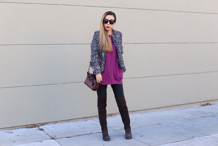 shein multicolor tassel jacket, tweed jacket, karen walker super duper sunglasses, skinny jeans, tory burch simon over the knee boots, coach swagger 20 bag, gorjana necklace, holiday outfit, holiday look