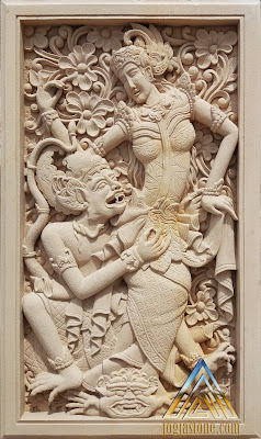 Relief batu alam paras jogja/batu putih gambar dewi sinta dan hanoman