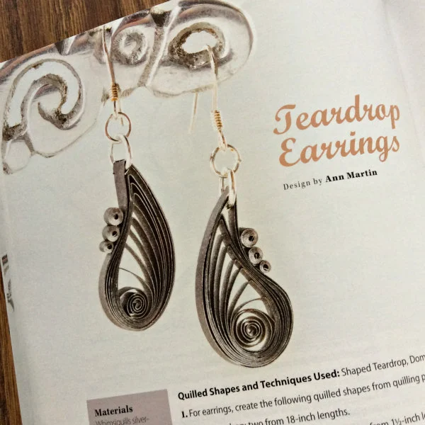 quilled teardrop silver and black paper earrings as seen on the Creative Paper Quilling book page