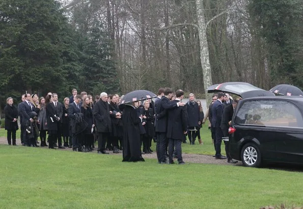 Count Frederik Christian Adam Moltke's funeral service at Tureby Church. Crown Princess Mary wore Hugo Boss coat