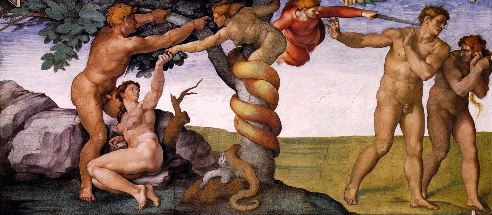 Parte da pintura do teto da Capela Sistina, onde Michelangelo retrata A Tentação de Adão e Eva e a Expulsão do Paraíso