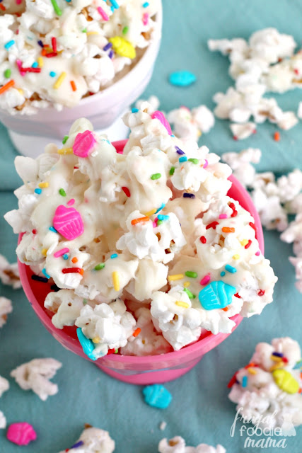Get the party started with this festive, cake batter flavored Funfetti Cupcake Popcorn.